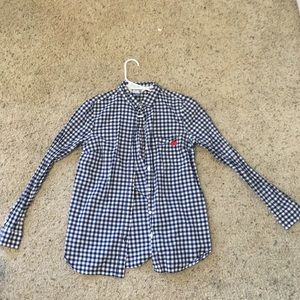 blue and white button down